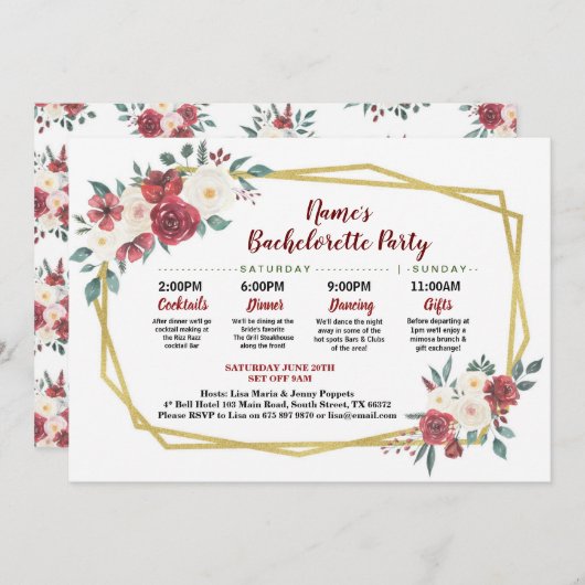 Brautparty-ReisegoldMIT BLUMENROTES u. Sahne Einladung (Vorne/Hinten)