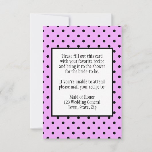 Brautparty Rezept Card Polka Dot Lavendel RSVP Karte (Rückseite)