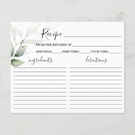Brautparty-Rezept-Karte für einfache Grünpflanzen (Vorderseite)
