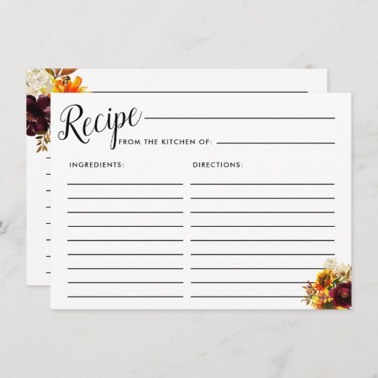 Brautparty-Rezept-Karte für Herbst-Blume Begleitkarte (Vorne/Hinten)