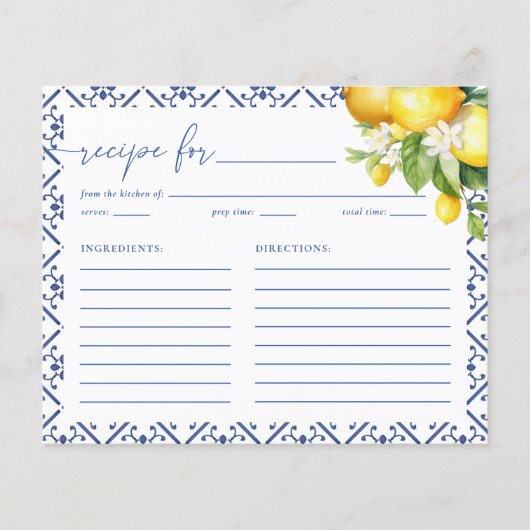 Brautparty-Rezept-Karte für Mittelmeerlemonen (Vorderseite)