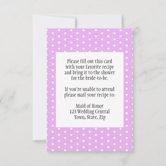 Brautparty Rezept Karte Weißer Polka Dot Lavendel (Rückseite)