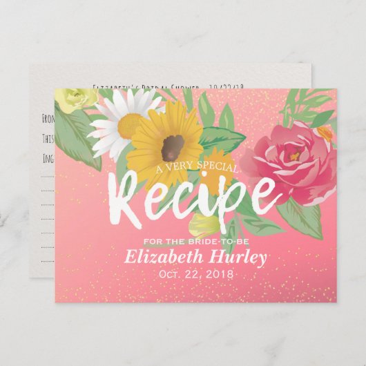 Brautparty Rezept Rose Blume Pink Gold Glitzer Einladungspostkarte (Vorne/Hinten)