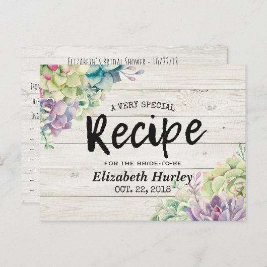Brautparty Rezept Sukkulente Pflanze Rustikales Ho Einladungspostkarte (Vorne/Hinten)