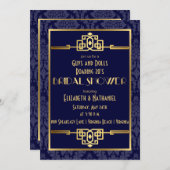 Brautparty Roaring 20er Jahre Art Déco| Blau Einladung (Vorne/Hinten)