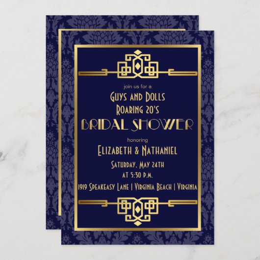 Brautparty Roaring 20er Jahre Art Déco| Blau Einladung (Vorne/Hinten)