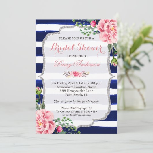 Brautparty Rosa Blau Silberstreifen Einladung (Stehend Vorderseite)