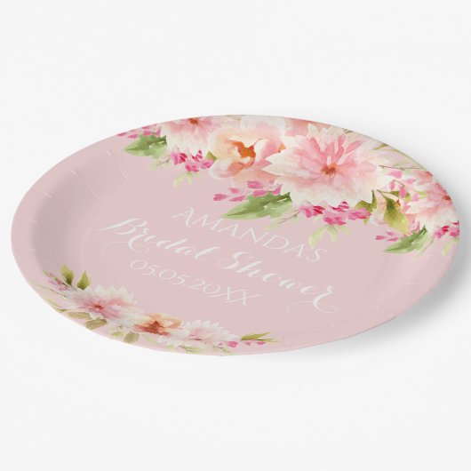 Brautparty Rosa Blume Pappteller (Schrägansicht)