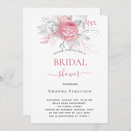 Brautparty Rosa Blumen elegant silberweiß Einladung (Vorne/Hinten)