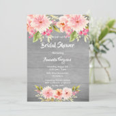 Brautparty Rosa Blumen graues Holz Einladung (Stehend Vorderseite)