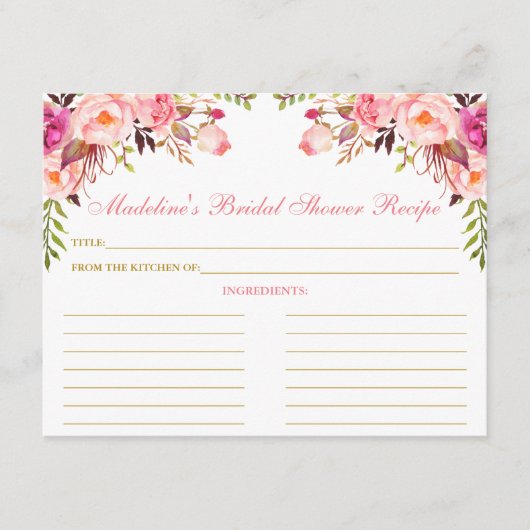 Brautparty Rosa Blush Blues Gold Rezept Karte (Vorderseite)