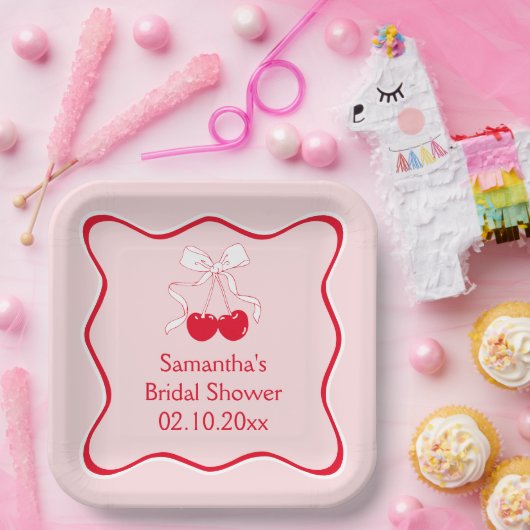 Brautparty Rosa Bow Cherry Pappteller (Party)