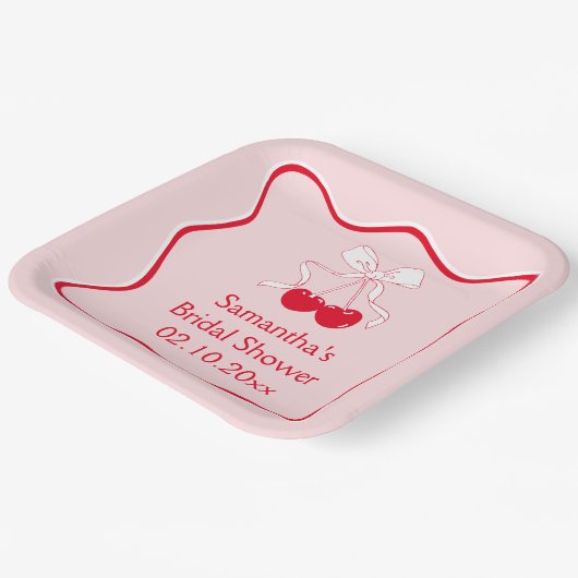 Brautparty Rosa Bow Cherry Pappteller (Gewinkelt)