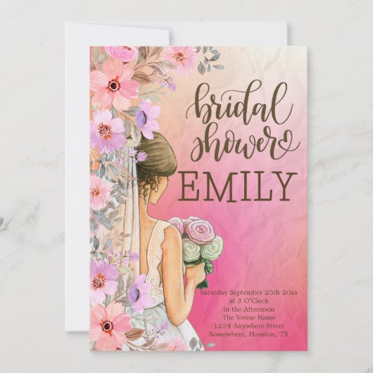 Brautparty-Rosa-Orange-Aquarell-Typografie Einladung (Vorderseite)