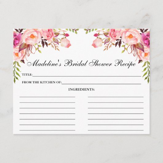 Brautparty Rosa Rosa Blumenmuster Rezeptkarte Hinweiskarte (Vorderseite)