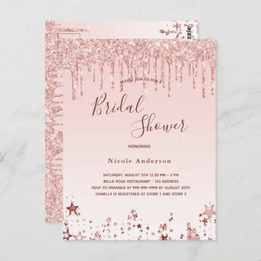 Brautparty Rosa Sterne Einladung Postkarte (Vorne/Hinten)