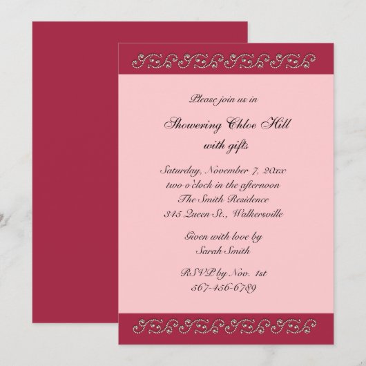 Brautparty Rosa und Perlen Einladung (Vorne/Hinten)