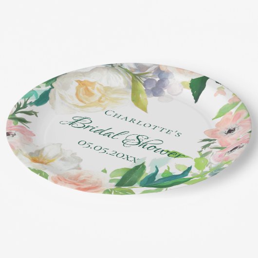 Brautparty Rosa weiße Blumen Pappteller (Schrägansicht)
