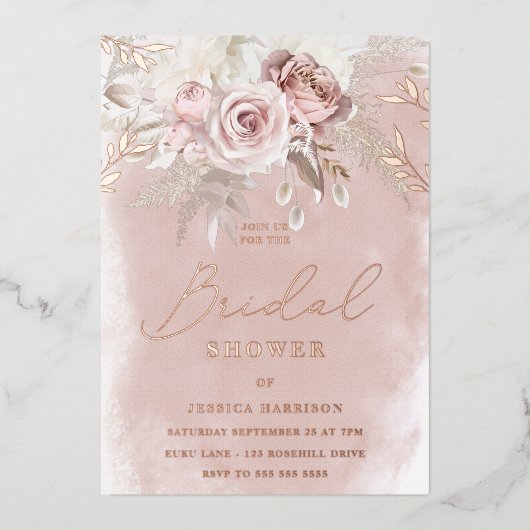 Brautparty-Rose für Wasserfarben und Blüten Folieneinladung (Vorderseite)