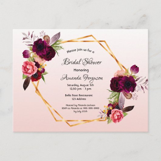 Brautparty Rose gold burgundy Einladung Postkarte (Vorderseite)