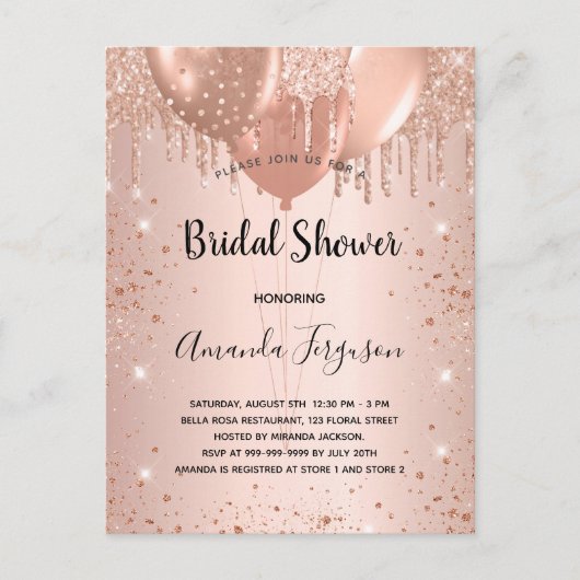 Brautparty Rose Gold Glitzer Ballons Einladungspostkarte (Vorderseite)