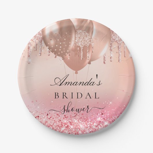 Brautparty Rose Gold Glitzer Name Pappteller (Vorderseite)