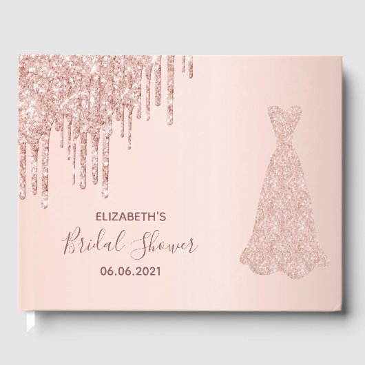 Brautparty Rose Gold Glitzer Tropfen Brautkleid Gästebuch (Vorderseite)