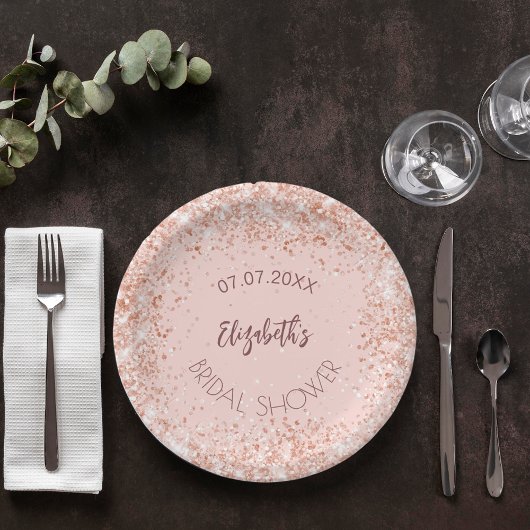 Brautparty Rose Gold Konfetti Name Pappteller