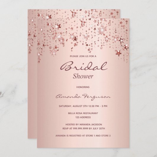 Brautparty Rose Gold Kupfertropfsterne Einladung (Vorne/Hinten)