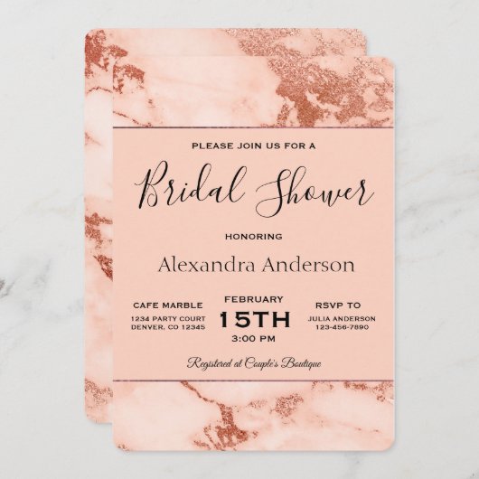 Brautparty Rose Gold Marmor Einladung (Vorne/Hinten)
