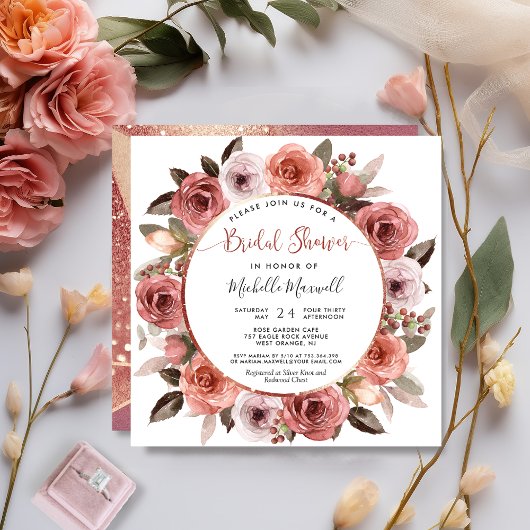 Brautparty, Rose Gold und Blüten Einladung