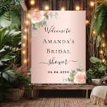 Brautparty Rose Goldflora Begrüßungszeichen Poster<br><div class="desc">Für ein Brautparty. Eine Rose Gold Imitate metallisch aussehend Hintergrund. Dekoriert mit einer Rose Gold und rot rosa Blüte,  Blume (Rose) und grüne Aquarell Eukalyptus Blätter,  Sprigs,  Grün und ein Imitat Gold Sprig. Personalisieren und fügen Sie den Namen der Braut und ein Datum.</div>