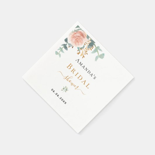 Brautparty Rose Goldflorale Eukalyptusgrün Serviette (Ecke)