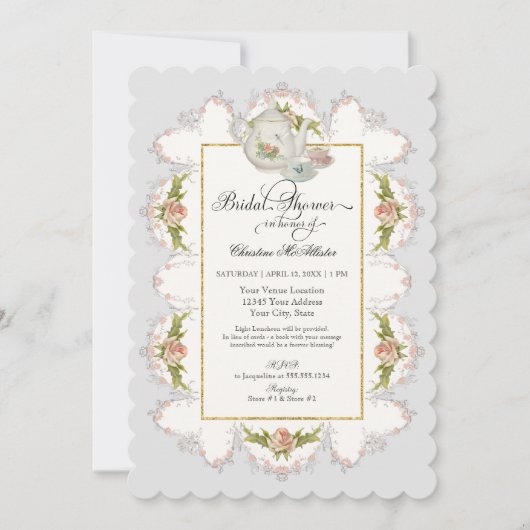 Brautparty-Rosen-Tee-Party-Teekannen Teacups Einladung (Vorderseite)