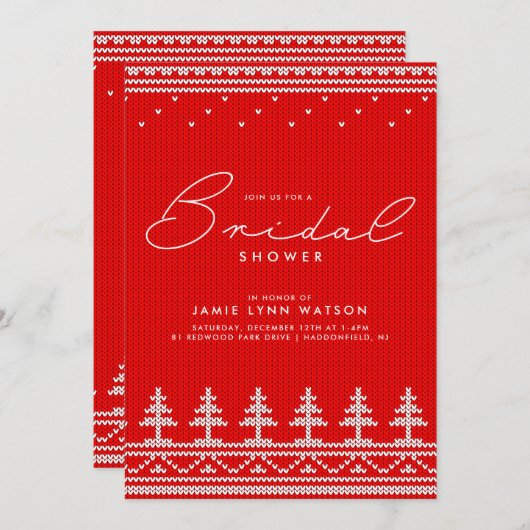 Brautparty | Roter Strick Weihnachtsbaum Sweater Einladung (Vorne/Hinten)