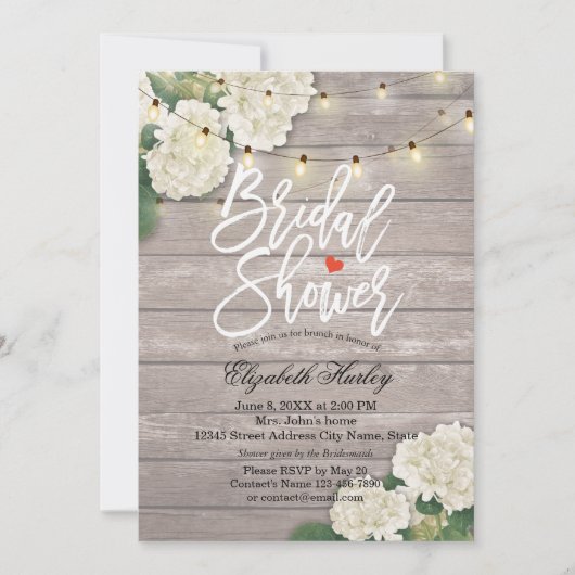 Brautparty Rustic Wood Hydrangea Blume Lights Einladung (Vorderseite)