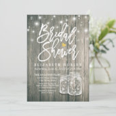 Brautparty Rustic Wood Mason Jar String Lights Einladung (Stehend Vorderseite)