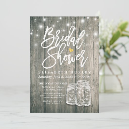 Brautparty Rustic Wood Mason Jar String Lights Einladung (Stehend Vorderseite)
