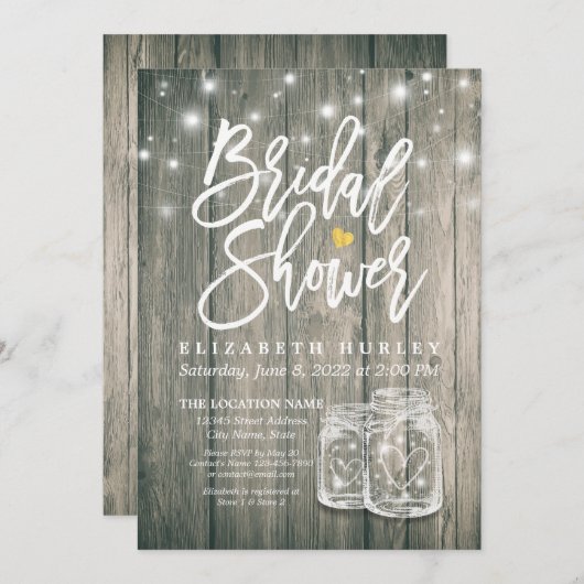 Brautparty Rustic Wood Mason Jar String Lights Einladung (Vorne/Hinten)