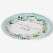 Brautparty Rustic Wreath Blue White Roses Pappteller (Schrägansicht)