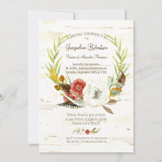 Brautparty Rustic Wreath Boho Feather Birch Einladung (Vorderseite)