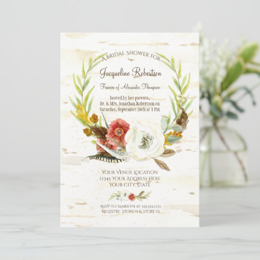 Brautparty Rustic Wreath Boho Feather Birch Einladung (Stehend Vorderseite)