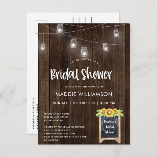 Brautparty Rustikale Brautdusche Einladung Postkarte (Vorne/Hinten)