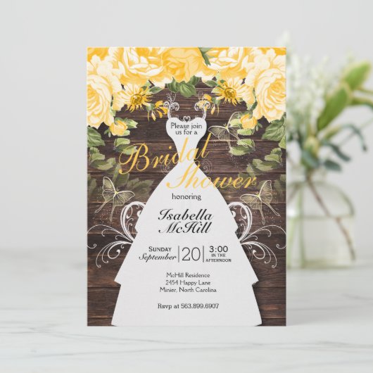 Brautparty - rustikale, gelbe botanische Blume Einladung (Stehend Vorderseite)