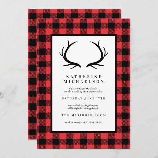 Brautparty | Rustikale Hirschbüffalo-Karos Einladung (Vorne/Hinten)