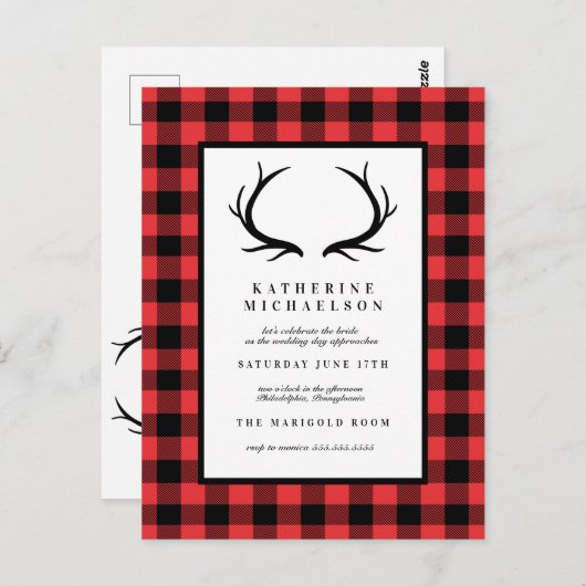 Brautparty | Rustikale Hirschbüffalo-Karos Postkarte (Vorne/Hinten)