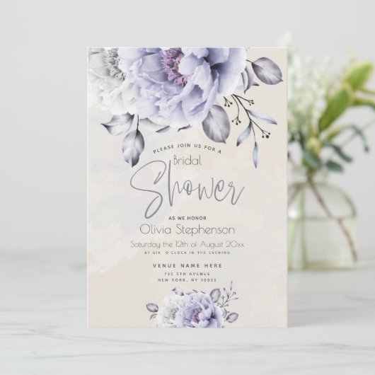 Brautparty | Rustikale Lilac - und Alabaster - Peo Einladung (Stehend Vorderseite)