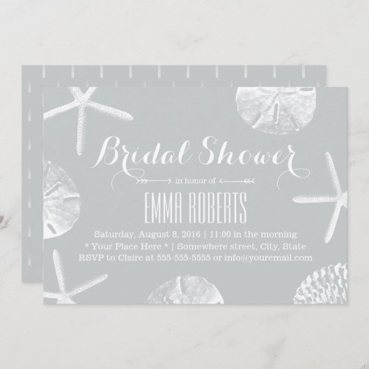 Brautparty Rustikale Silver Beach Seashells Einladung (Vorne/Hinten)