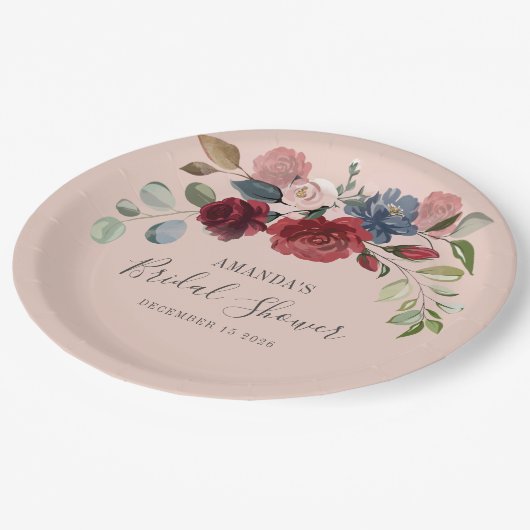 Brautparty Rustikaler Burgund Blütenstaub Pappteller (Schrägansicht)