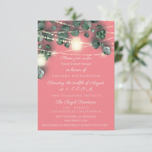 Brautparty Rustikales Holz Gold Korallenleuchten Einladung (Stehend Vorderseite)